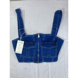 Love Trends Mens Blue Denim Cargo Vest Zip Up Corset Top Adjustable‎ Straps M